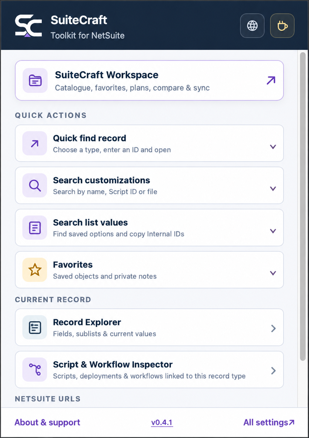 SuiteCraft Popup menu interface using fictional sample data