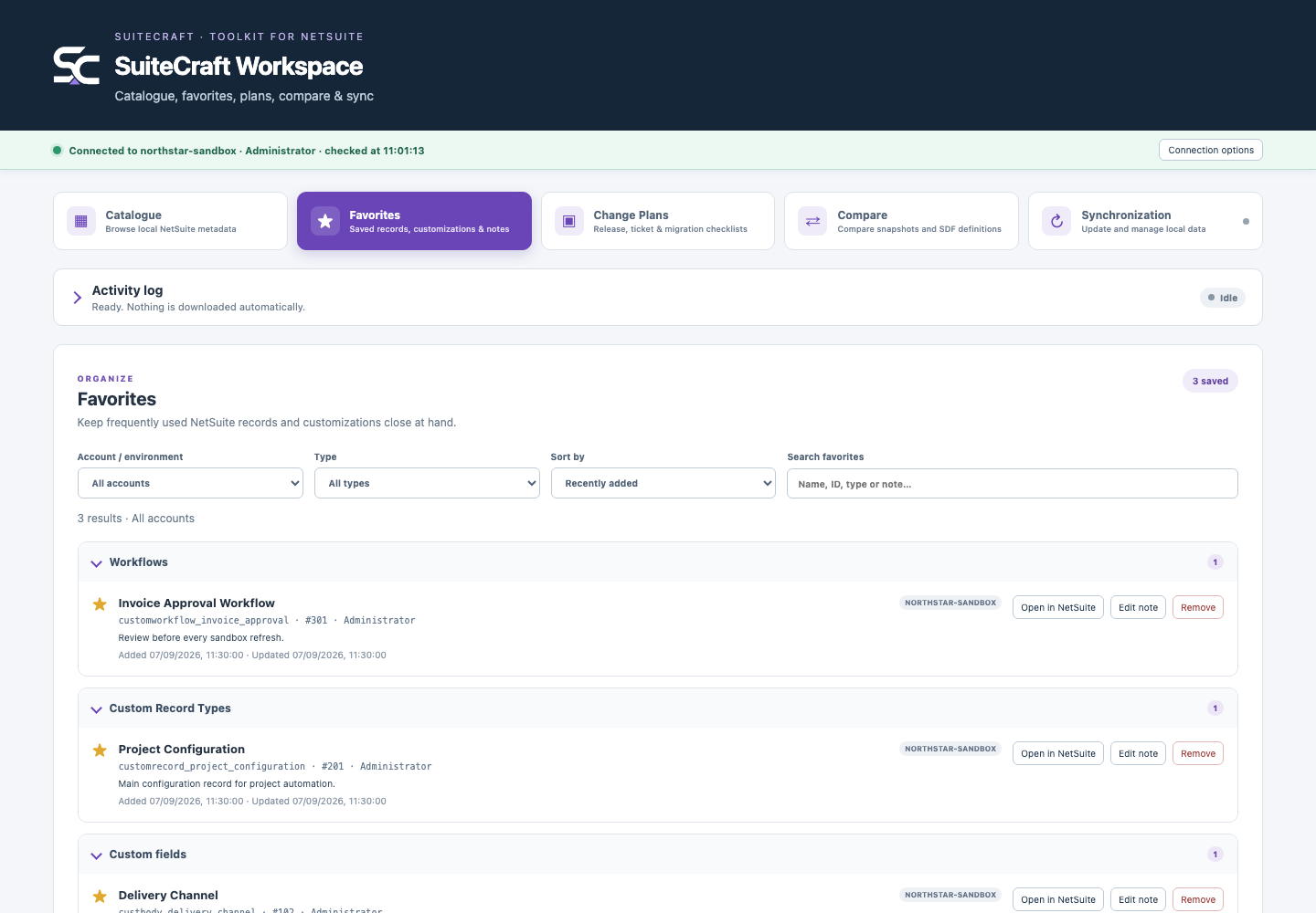 SuiteCraft Account favorites with synthetic data