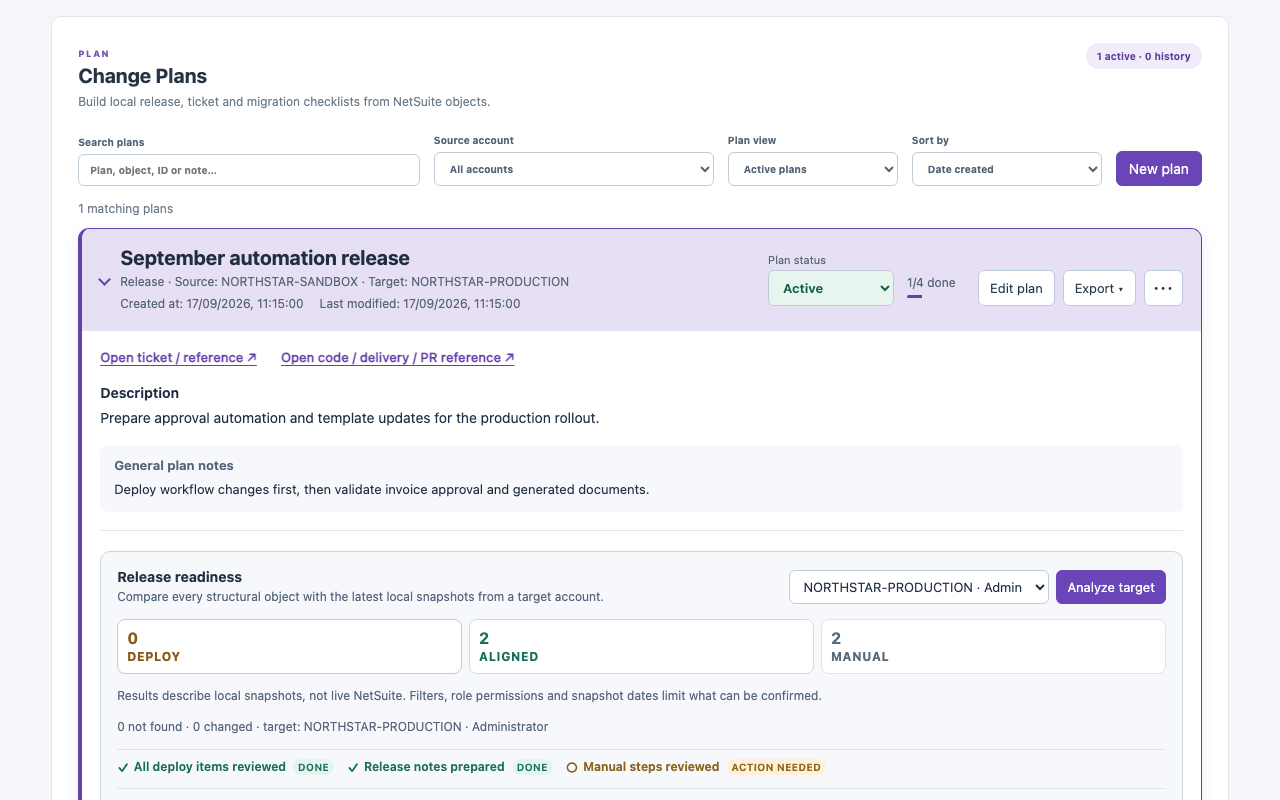 SuiteCraft Change Plan release readiness interface